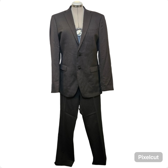 👍Keneth Cole Reaction black with stripe wool men's suit jacket 42T pants 36T - Picture 1 of 11
